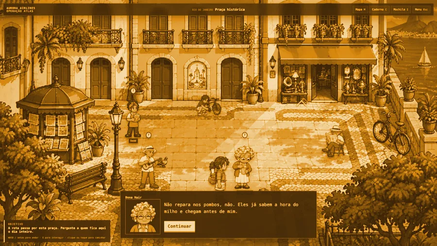Captura do jogo: conversa entre personagens em pixel art