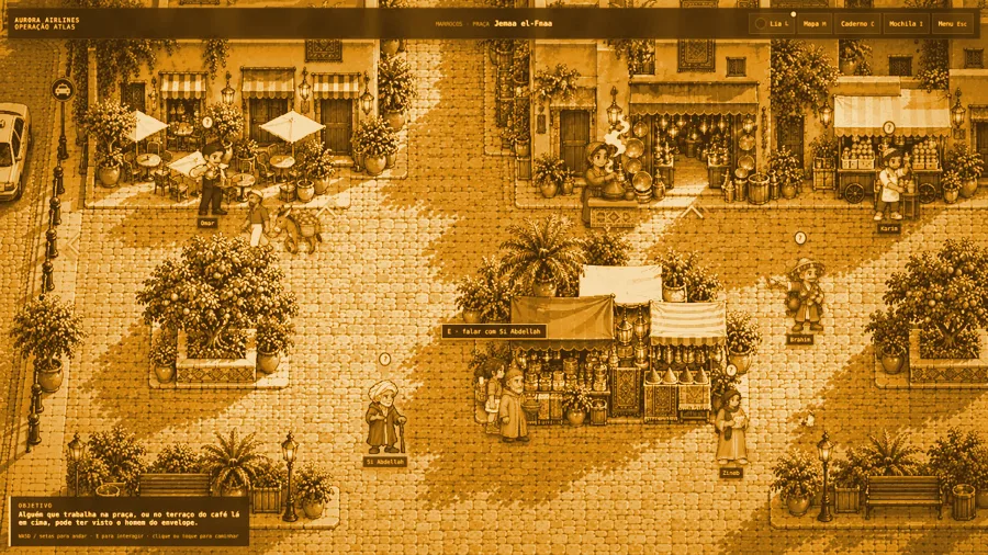 Captura do jogo: praça Jemaa el-Fna, no Marrocos, em pixel art