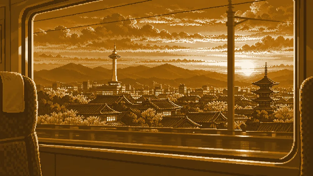 Cena da Operação Atlas: a janela de um trem chegando a Kyoto ao pôr do sol, em tons de ocre